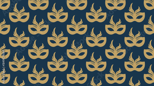 Vibrant gold masquerade masks on dark blue background