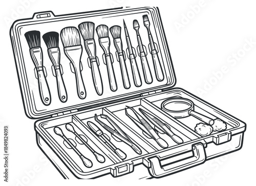 A detailed illustration of an artist's tool kit with brushes and various instruments in black and white outline style, ideal for creative projects and art-related designs