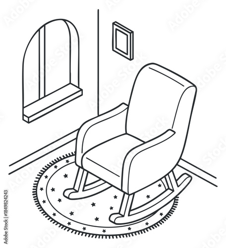 A rocking chair on a decorative rug with a window and wall art in minimalist outline vector style, ideal for home decor projects