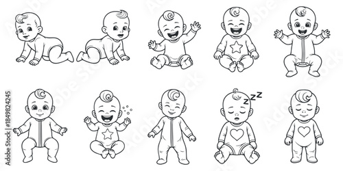 A collection of cute baby illustrations showcasing various expressions and activities in clean outline vector style, perfect for children's products and designs