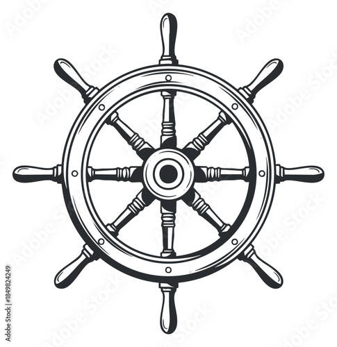 A ship's wheel in black and white outline vector style, ideal for nautical-themed designs and marine illustrations