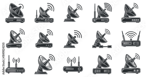 A collection of satellite dishes and wireless antennas in flat modern vector style, suitable for technology and communication projects