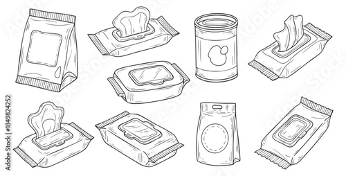 A collection of various types of wipes packaging in outline sketch vector style, ideal for personal care branding