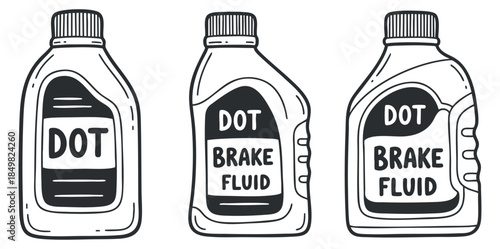 A collection of three DOT brake fluid bottles in black and white outline vector style, ideal for automotive service and repair projects
