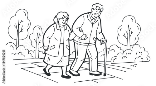 An elderly couple walking together in a park surrounded by trees in a black and white line art style, ideal for health and lifestyle themes