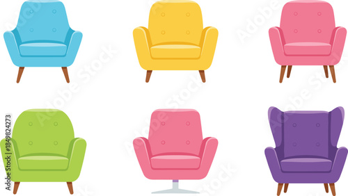 Colorful modern armchair illustration set featuring stylish upholstered chairs, flat vector furniture design for living room interiors on white background