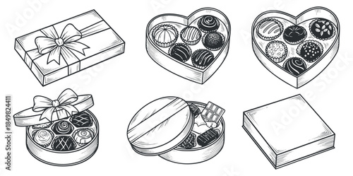 A collection of hand-drawn chocolate boxes in various styles, including heart-shaped and circular designs, in black and white outline vector style, suitable for confectionery branding and packaging.
