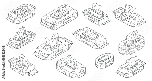 A collection of tissue boxes and dispensers in minimalist line art vector style, suitable for health and hygiene branding