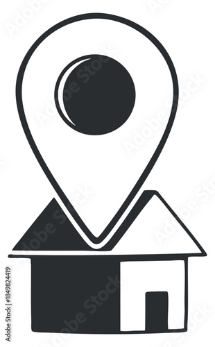 A house icon with a location marker in black and white minimalist vector style, ideal for real estate branding and navigation applications