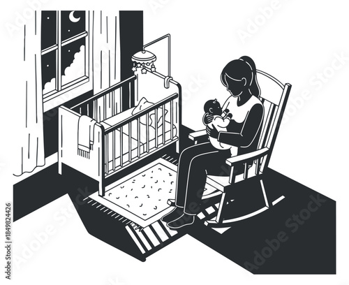A mother holding her baby while seated in a rocking chair next to a crib in a minimalist black and white vector style, perfect for parenting and family themes