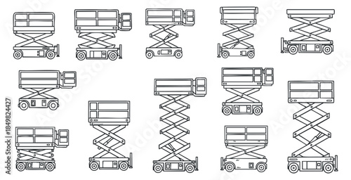 A set of scissor lifts and construction vehicles in outline vector style, ideal for industrial and engineering projects