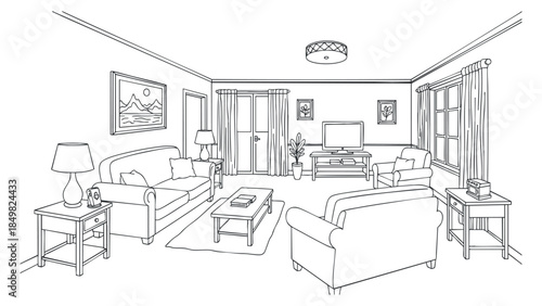 An outline illustration of a cozy living room featuring a sofa, table, lamp, and television in minimalist vector style, perfect for interior design concepts