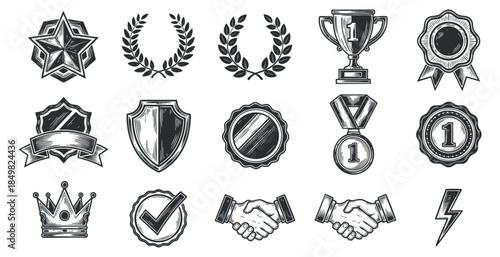 A collection of award badges, trophies, and seals in black and white vector style, ideal for achievement recognition and branding