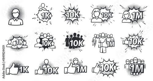 A collection of social media icons featuring follower counts and engagement metrics in black and white outline vector style, suitable for digital marketing and app design