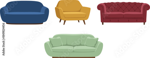 Modern and vintage sofa illustration set featuring colorful upholstered couches, stylish living room furniture designs in flat vector style on white background