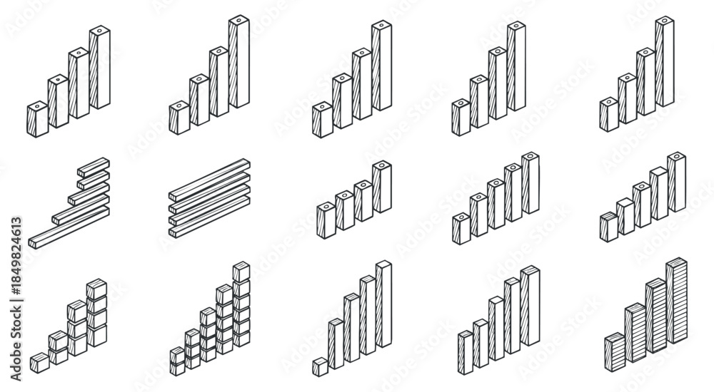 Fototapeta premium A collection of 3D bar graphs in outline vector style, suitable for data visualization and business presentations