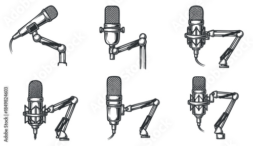 A collection of six microphone illustrations in detailed outline vector style, suitable for music and audio-related projects