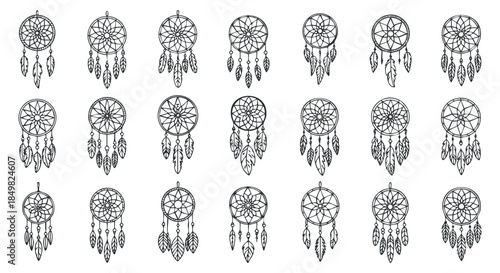 A collection of dreamcatcher illustrations with intricate line art and feathers in black and white vector style, perfect for bohemian decor