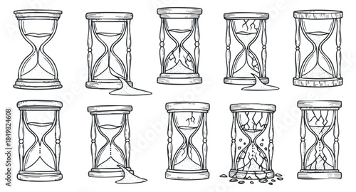 A collection of ten hourglass illustrations in black and white outline style, ideal for time management and creative projects