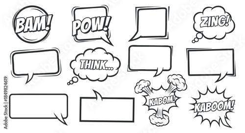 A collection of comic-style speech bubbles with expressions like BAM, POW, and KABOOM in black and white vector style, ideal for graphic design and storytelling