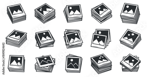 A collection of photo stack icons in black and white vector style, suitable for digital media and photography designs