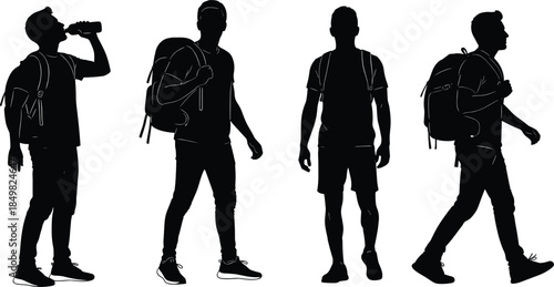 Group of Hikers Silhouette Vector Illustration Set, Young Men with Backpacks Walking and Drinking Water, Outdoor Adventure and Trekking Activity, Travel and Exploration Concept