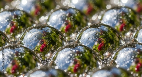 Close-up of reflective spheres with nature reflections, macro photography.