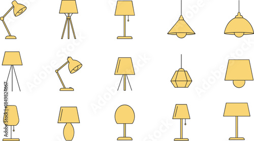 Yellow lamp illustration icon set featuring desk, table, floor and pendant lights, modern minimal lighting collection isolated on white background