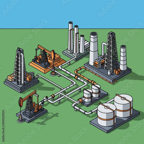 Isometric illustration of an oil and gas industry complex with derricks, refineries, pipelines, and storage tanks on a green field.