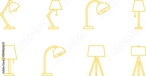 Yellow outline lamp icon collection with desk, table, floor and tripod lamps, minimal linear lighting symbols isolated on white background