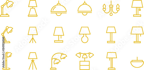 Yellow outline lamp icon set featuring desk, table, floor, pendant and chandelier lights, minimal linear lighting symbols isolated on white background