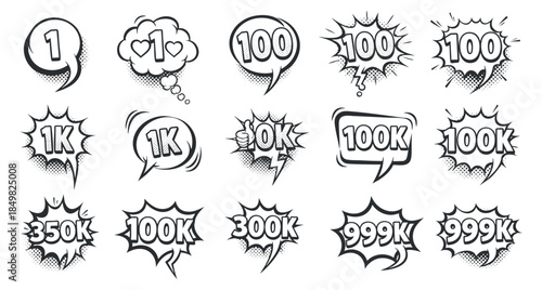 A collection of comic-style number icons in black and white vector design, perfect for digital marketing and social media graphics