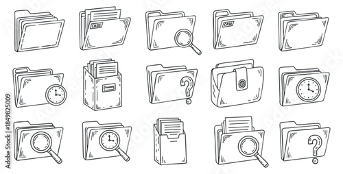 A set of outlined file folder icons with various symbols including magnifying glass, clock, and question mark in minimalist vector style, suitable for office and organization themes