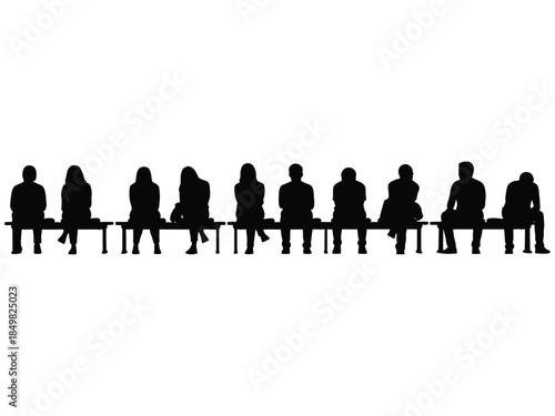 A row of silhouetted people sitting on a bench in a line