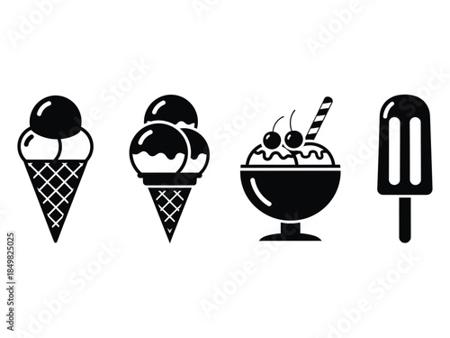 Black and white illustrations of various frozen dessert treats
