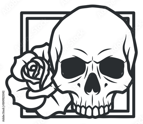 A skull with a rose in minimalist outline vector style, perfect for tattoo designs and gothic art projects