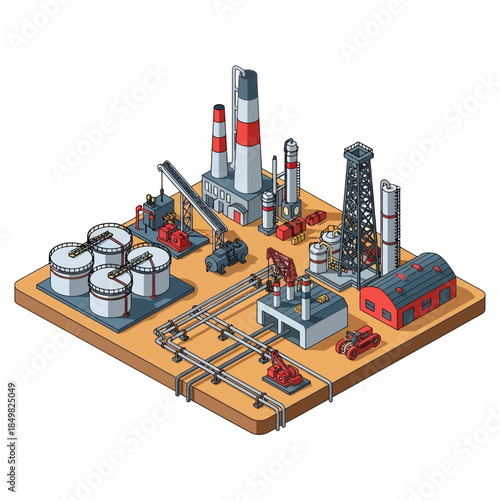 Isometric industrial complex with oil refinery, storage tanks, drilling rig, and pipelines.