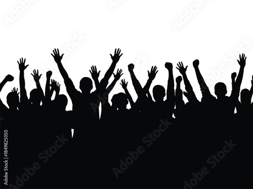 Silhouettes of a cheering crowd with raised hands against a white background