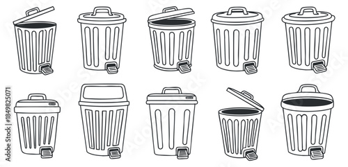 A set of various trash bins in outline minimalist vector style, suitable for environmental awareness and waste management projects