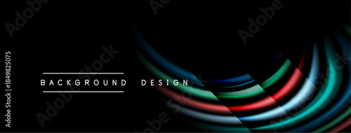 Dark background features colorful curved lines. Modern design elements create dynamic visual effect. Minimalist aesthetic, sleek presentation.