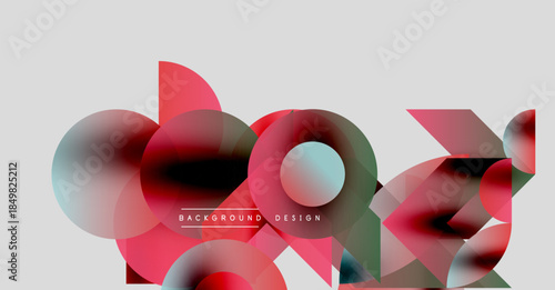 Abstract geometric shapes overlap, creating vibrant color blends. Design features reds, blues, greens, gray tones. Minimalist style.