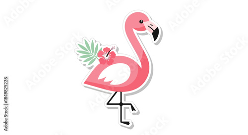 Charming pink flamingo sticker illustration with hibiscus and palm leaves decoration
