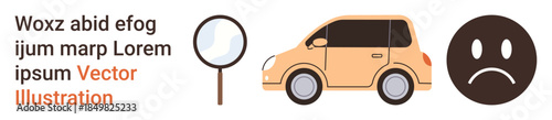 Automotive safety, inspection reports, car evaluation, maintenance issues, vehicle repair, dissatisfaction. Magnifying glass, sad face and orange car illustration. Automotive safety and inspection