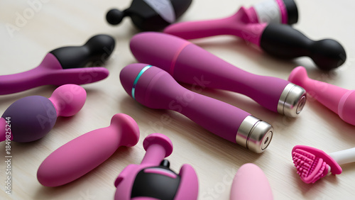 Vibrant display of various adult pleasure products in pink and black hues