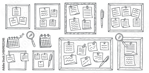 A collection of hand-drawn note boards with sticky notes, calendars, and pens in minimalist outline style, suitable for creative projects and organization themes
