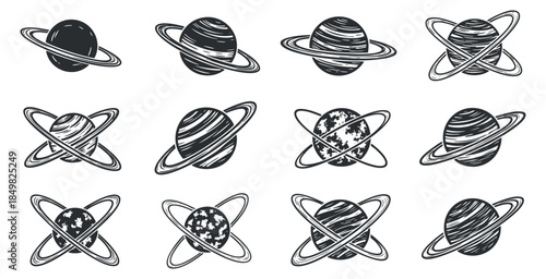 A collection of twelve planet icons, featuring various designs of planets in black and white vector style, suitable for educational materials