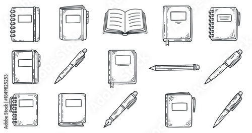 A collection of notebooks, pens, and sketchbooks in black and white outline vector style, suitable for educational and office design.