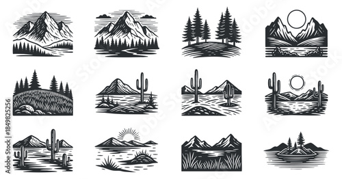 A collection of mountain and desert landscapes featuring cacti and pine trees in black and white vector style, perfect for outdoor adventure themes