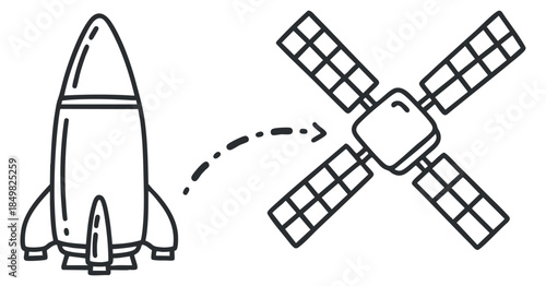 A rocket launching towards a satellite in black and white outline vector style, suitable for educational or scientific projects