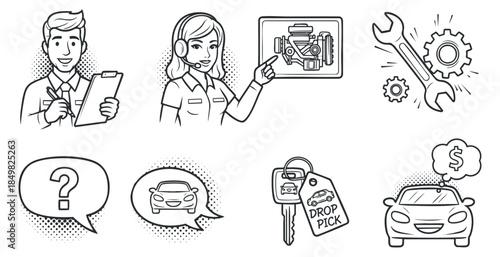 A collection of car service and support icons in black and white line art style, ideal for automotive industry branding and communication